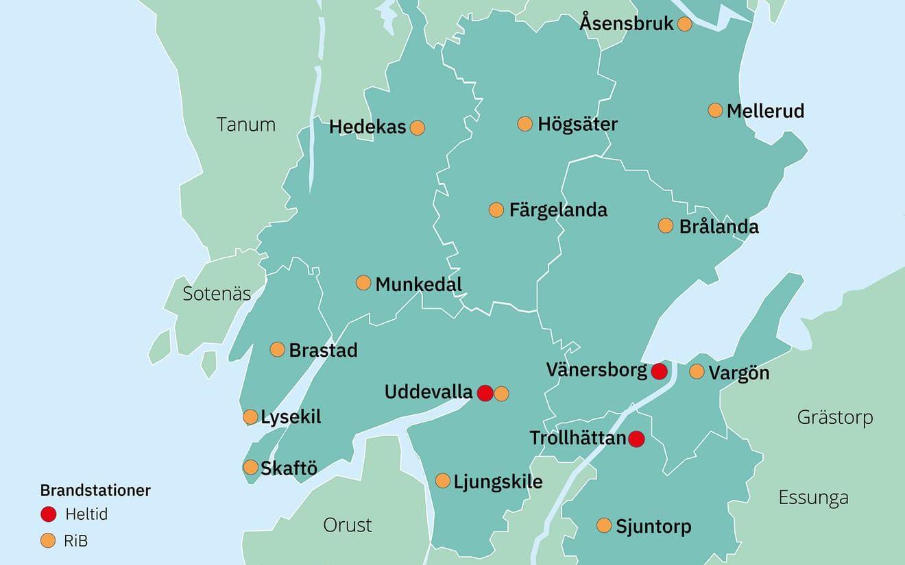 Karta över Räddningstjänsten Fyrbodal. 